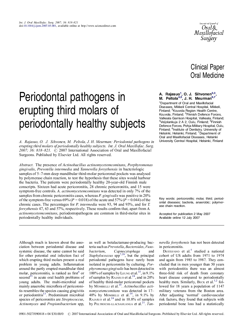 Periodontal pathogens in erupting third molars of periodontally healthy subjects