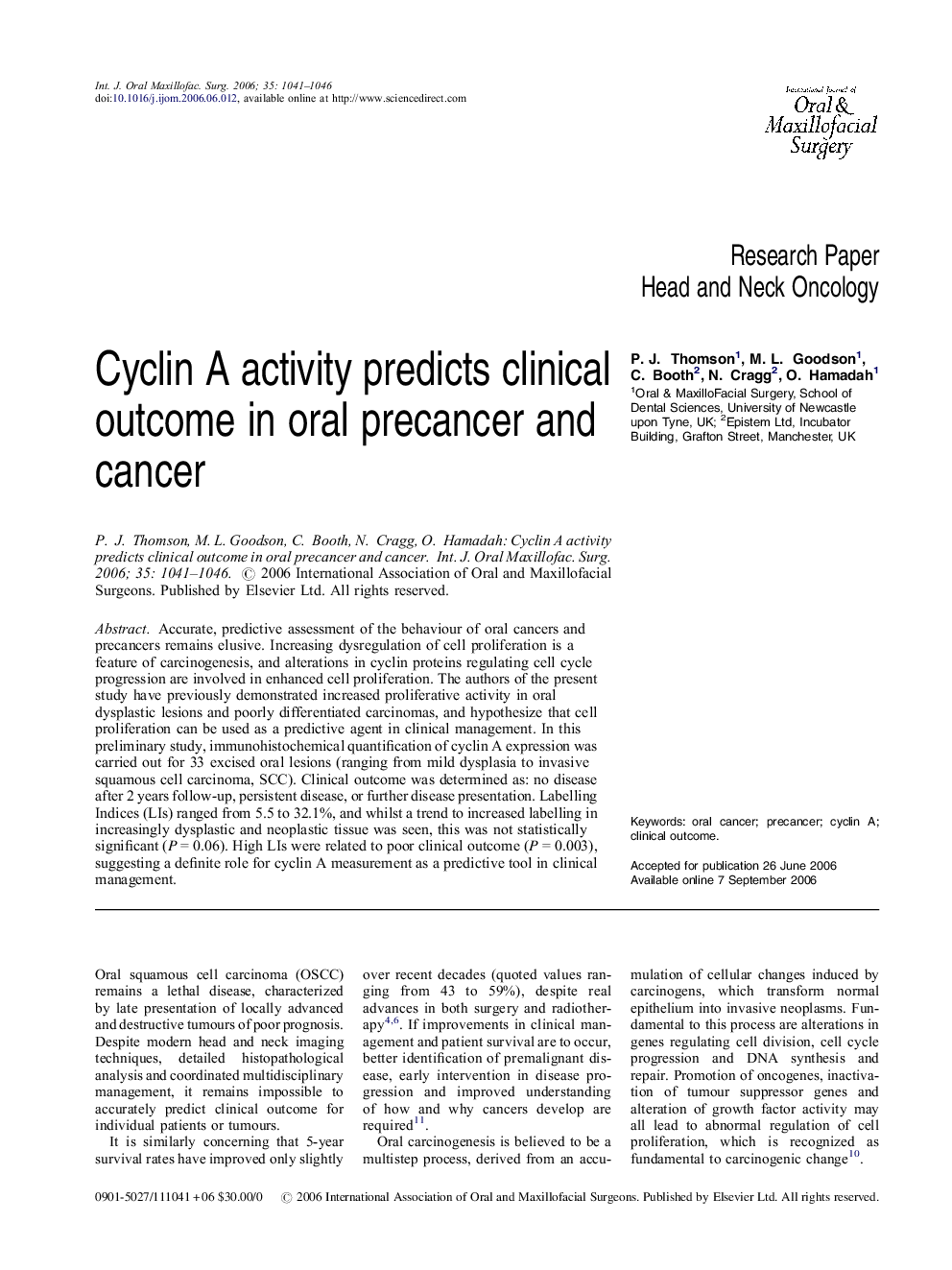 Cyclin A activity predicts clinical outcome in oral precancer and cancer