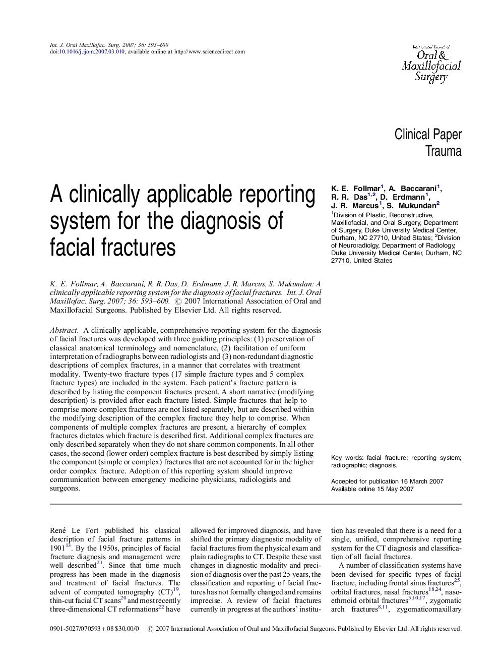 A clinically applicable reporting system for the diagnosis of facial fractures