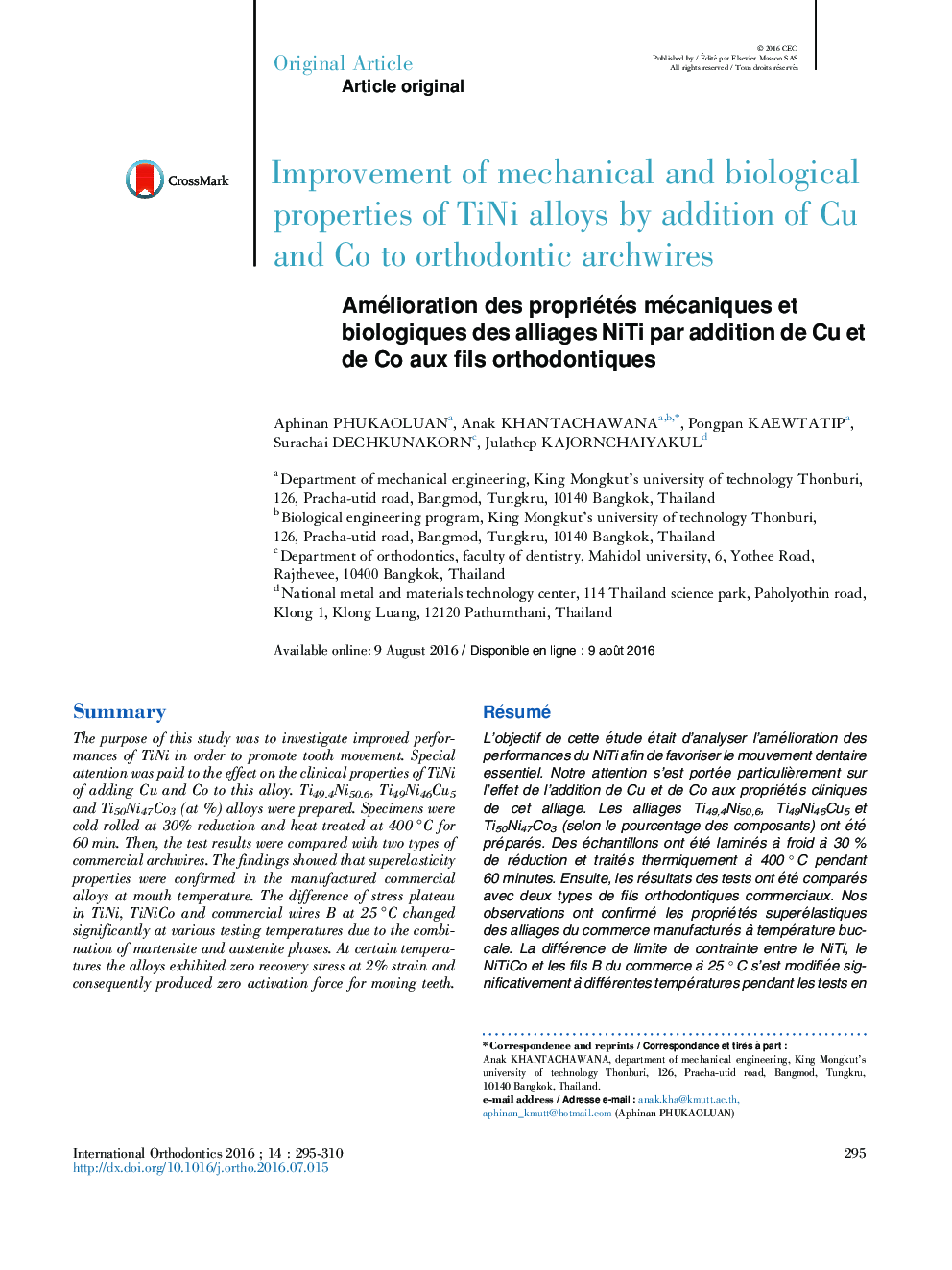 Improvement of mechanical and biological properties of TiNi alloys by addition of Cu and Co to orthodontic archwires