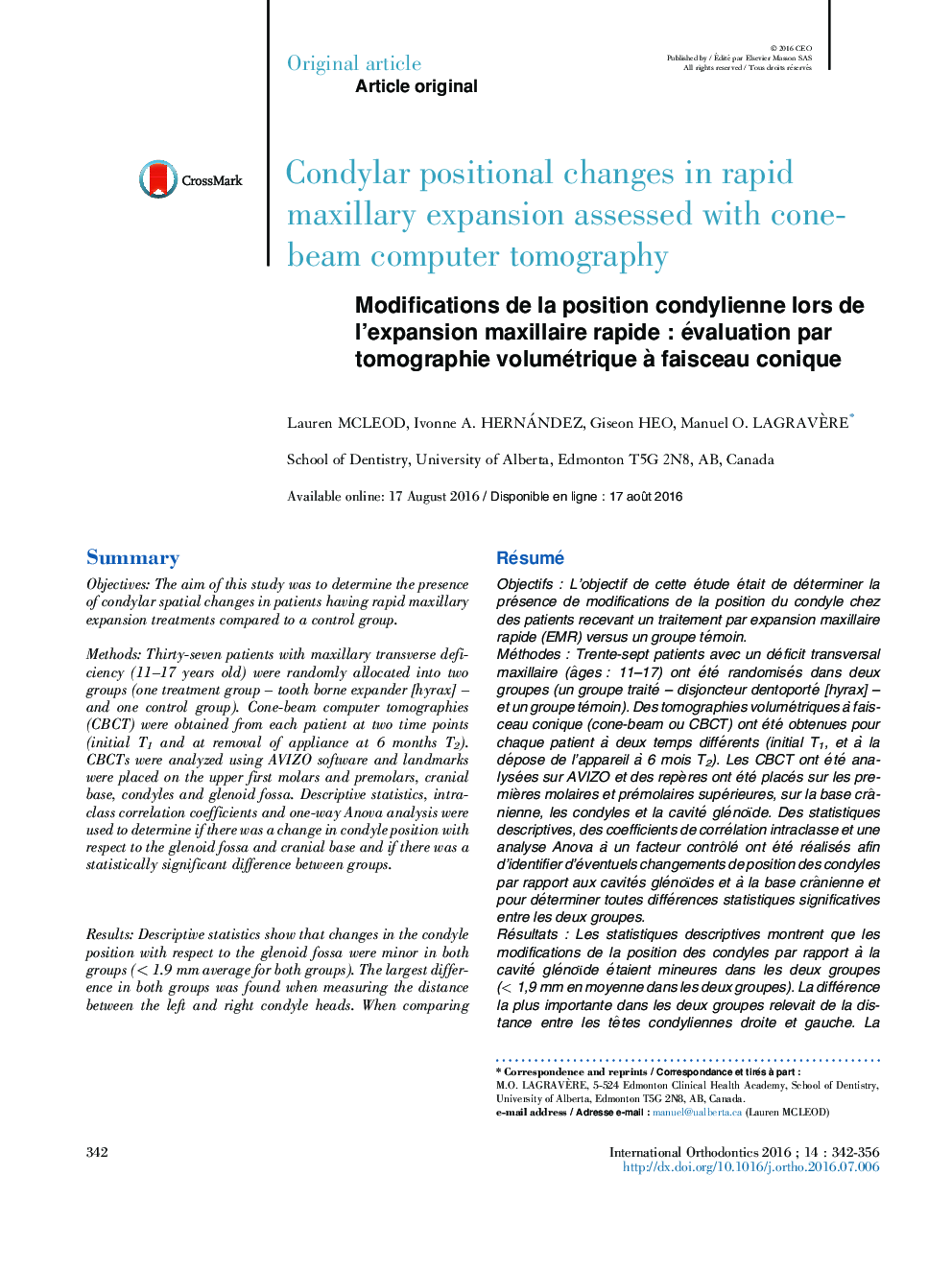 Modifications de la position condylienne lors de l'expansion maxillaire rapideÂ : évaluation par tomographie volumétrique Ã  faisceau conique