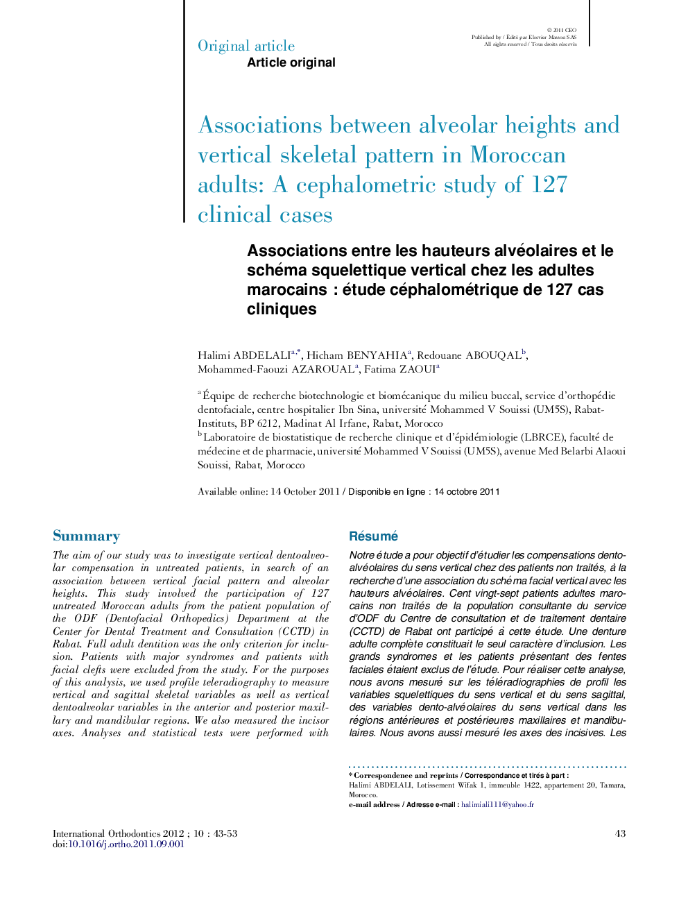 Associations entre les hauteurs alvéolaires et le schéma squelettique vertical chez les adultes marocainsÂ : étude céphalométrique de 127 cas cliniques