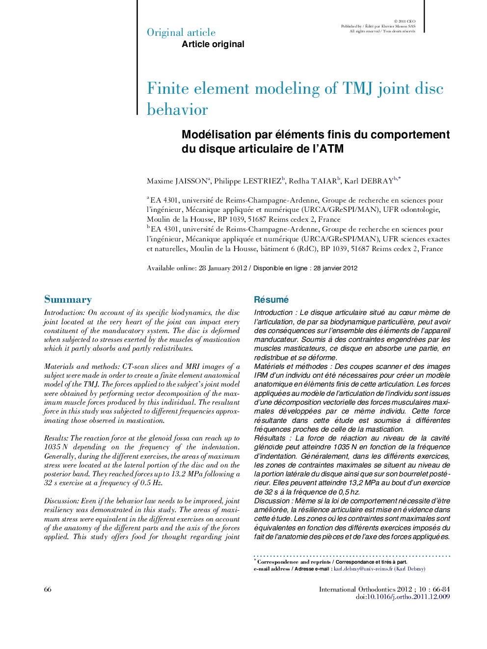 Modélisation par éléments finis du comportement du disque articulaire de l'ATM