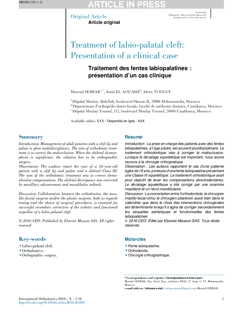 Traitement des fentes labiopalatinesÂ : présentation d'un cas clinique