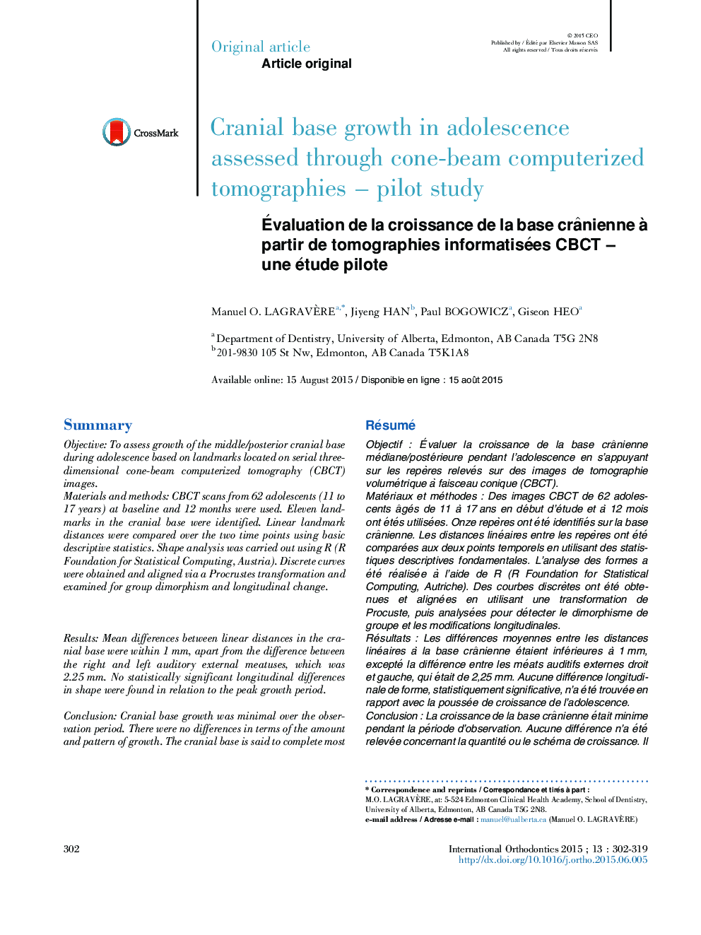 Ãvaluation de la croissance de la base crÃ¢nienne Ã  partir de tomographies informatisées CBCTÂ -Â une étude pilote