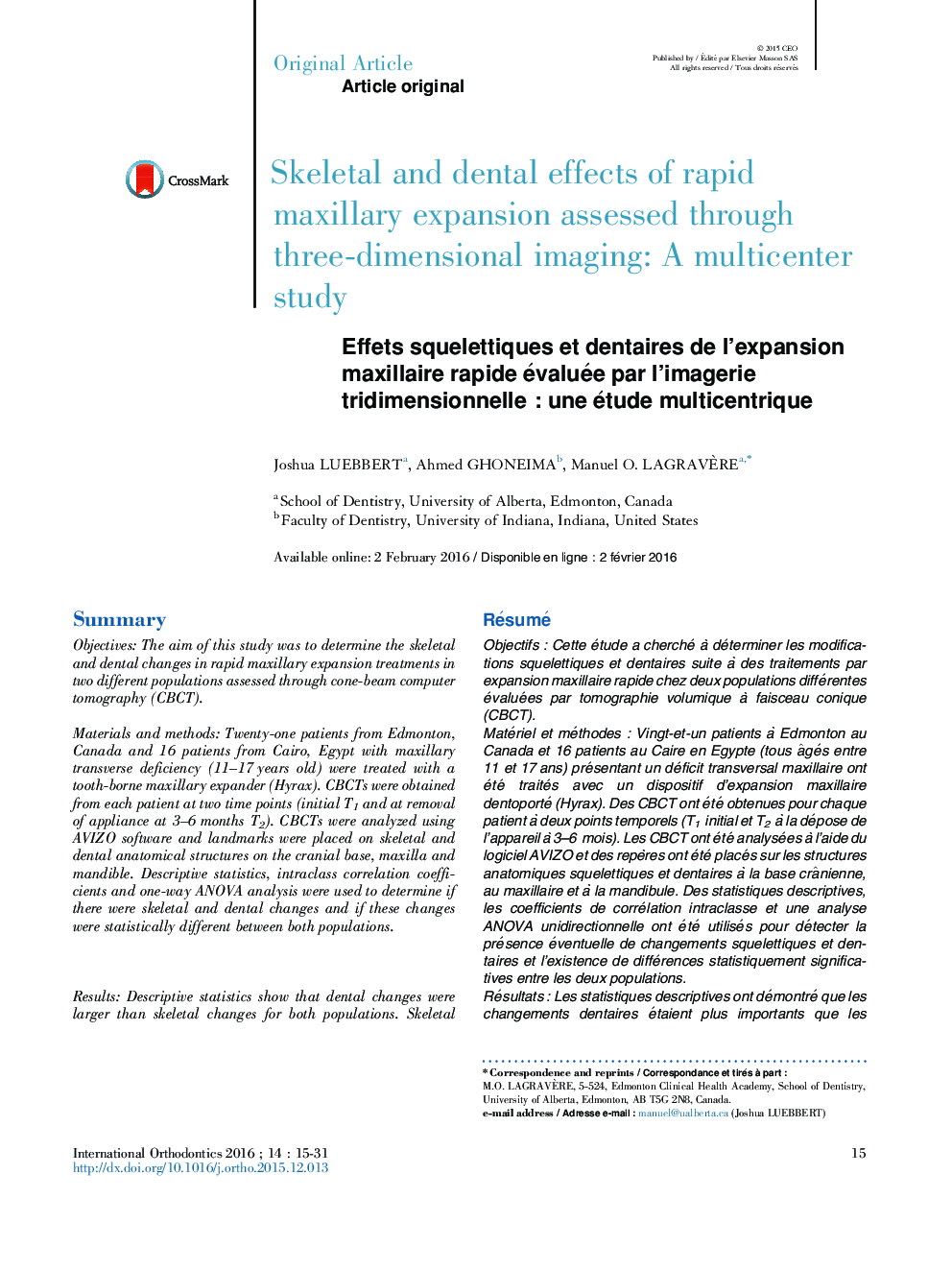 Effets squelettiques et dentaires de l'expansion maxillaire rapide évaluée par l'imagerie tridimensionnelleÂ : une étude multicentrique