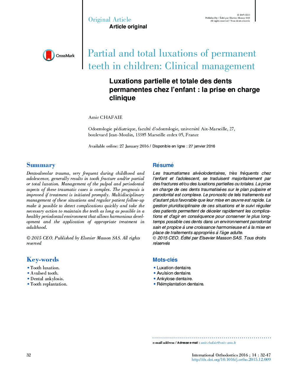 Luxations partielle et totale des dents permanentes chez l'enfantÂ : la prise en charge clinique