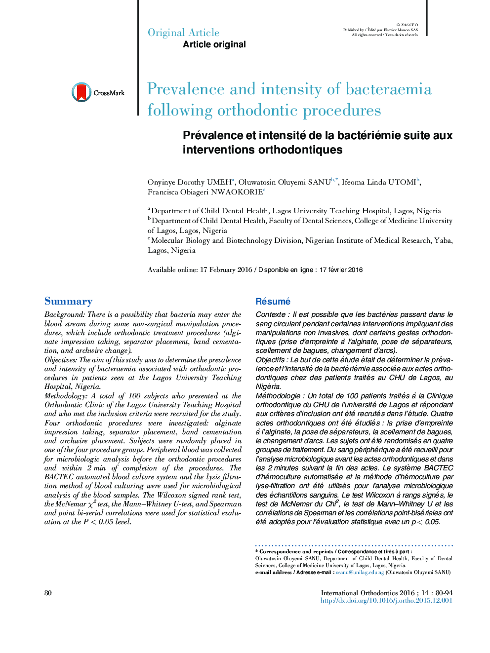 Prévalence et intensité de la bactériémie suite aux interventions orthodontiques