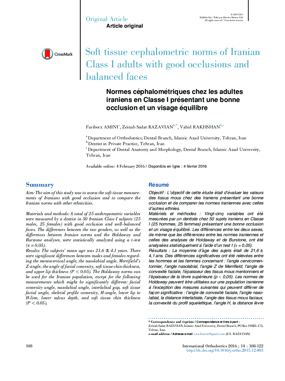 Soft tissue cephalometric norms of Iranian Class I adults with good occlusions and balanced faces