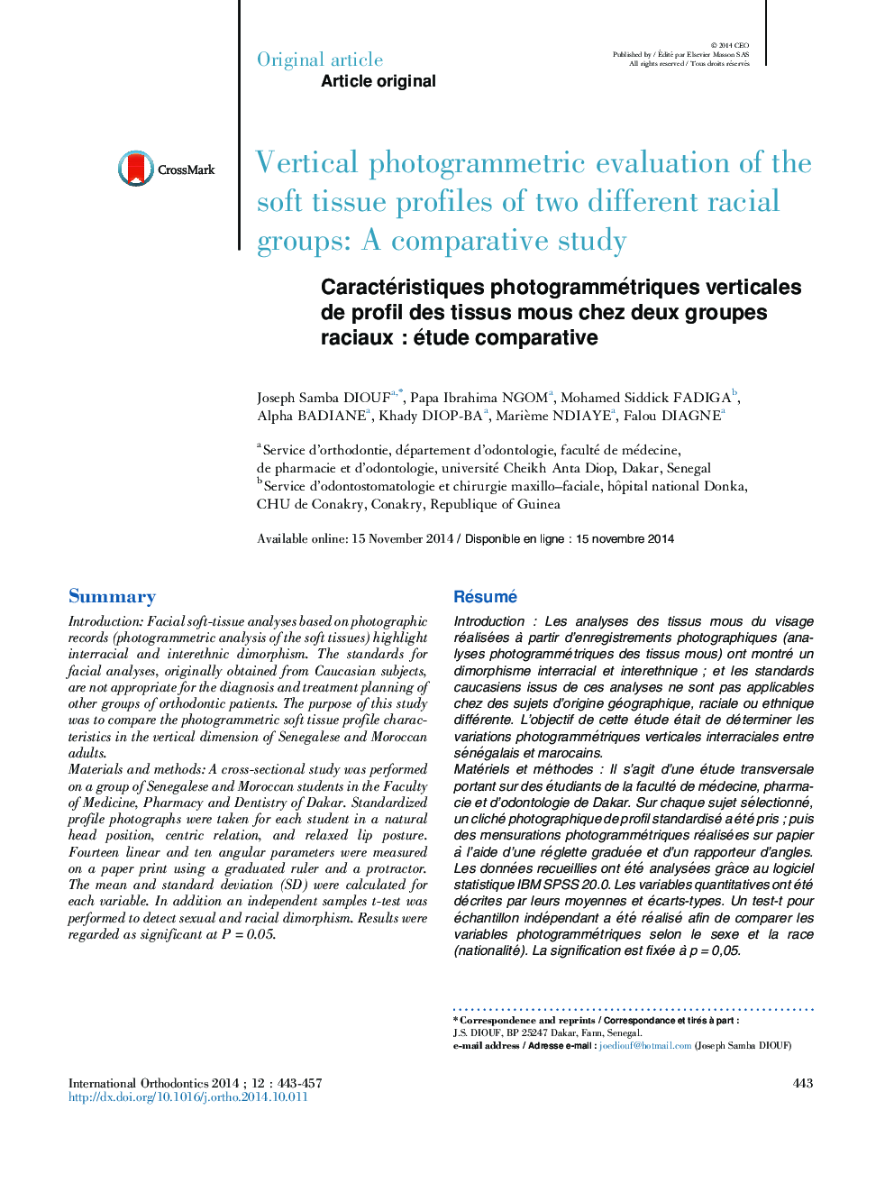 Caractéristiques photogrammétriques verticales de profil des tissus mous chez deux groupes raciauxÂ : étude comparative