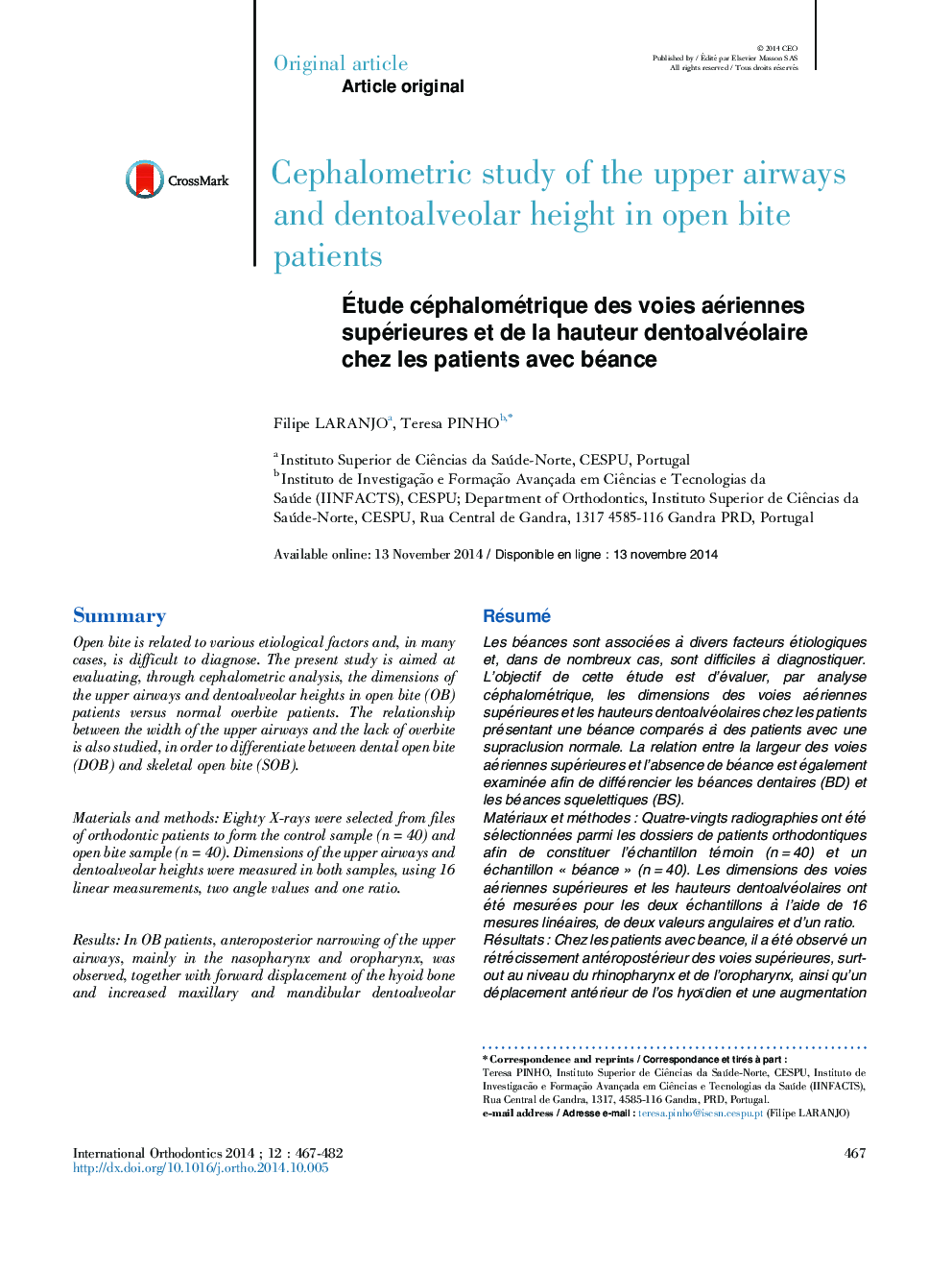 Ãtude céphalométrique des voies aériennes supérieures et de la hauteur dentoalvéolaire chez les patients avec béance