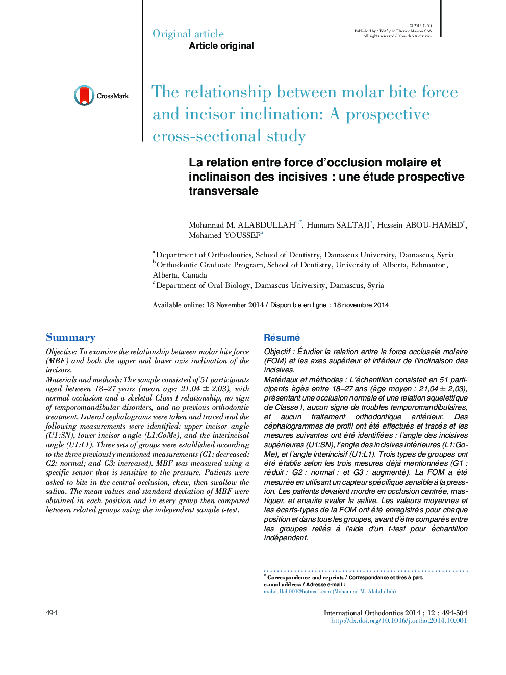 La relation entre force d'occlusion molaire et inclinaison des incisivesÂ : une étude prospective transversale