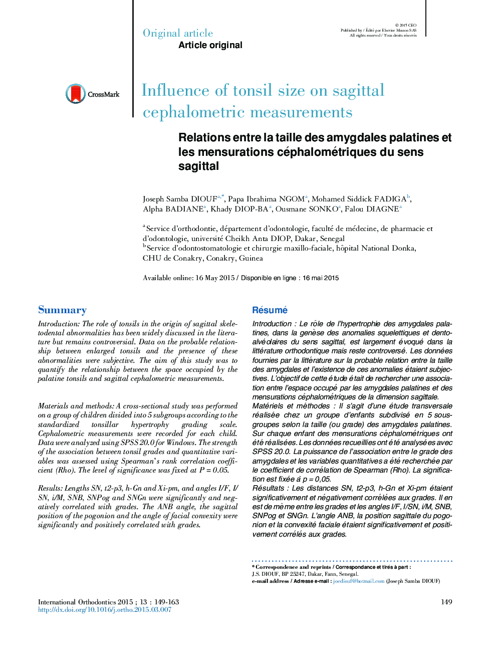 Relations entre la taille des amygdales palatines et les mensurations céphalométriques du sens sagittal