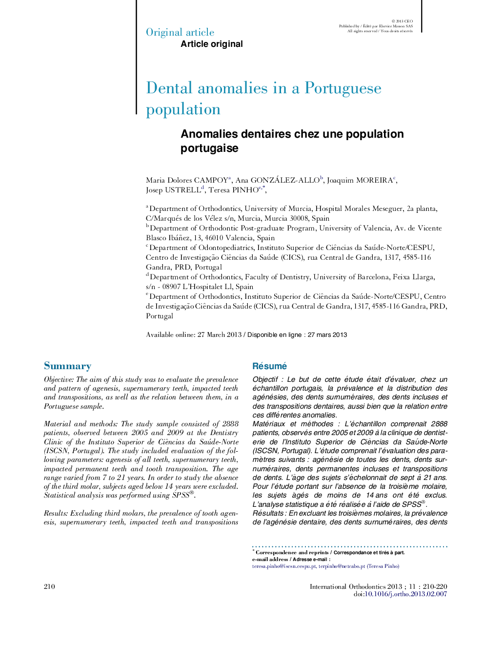 Anomalies dentaires chez une population portugaise