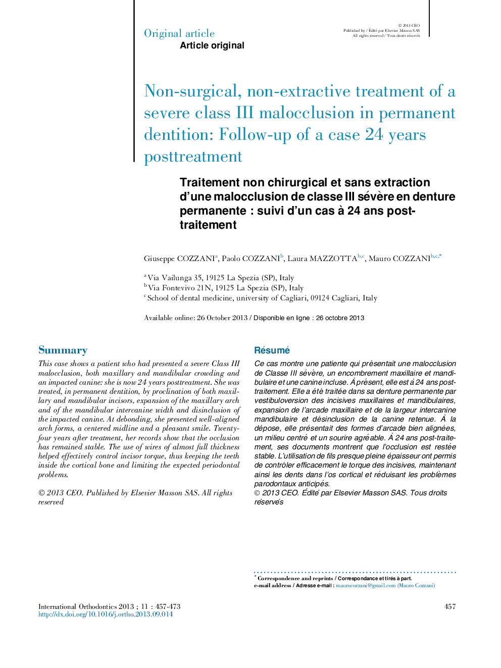 Non-surgical, non-extractive treatment of a severe class III malocclusion in permanent dentition: Follow-up of a case 24Â years posttreatment