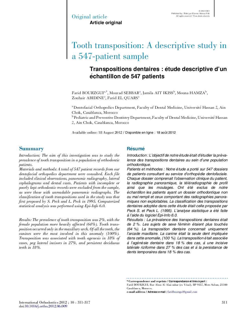 Tooth transposition: A descriptive study in a 547-patient sample