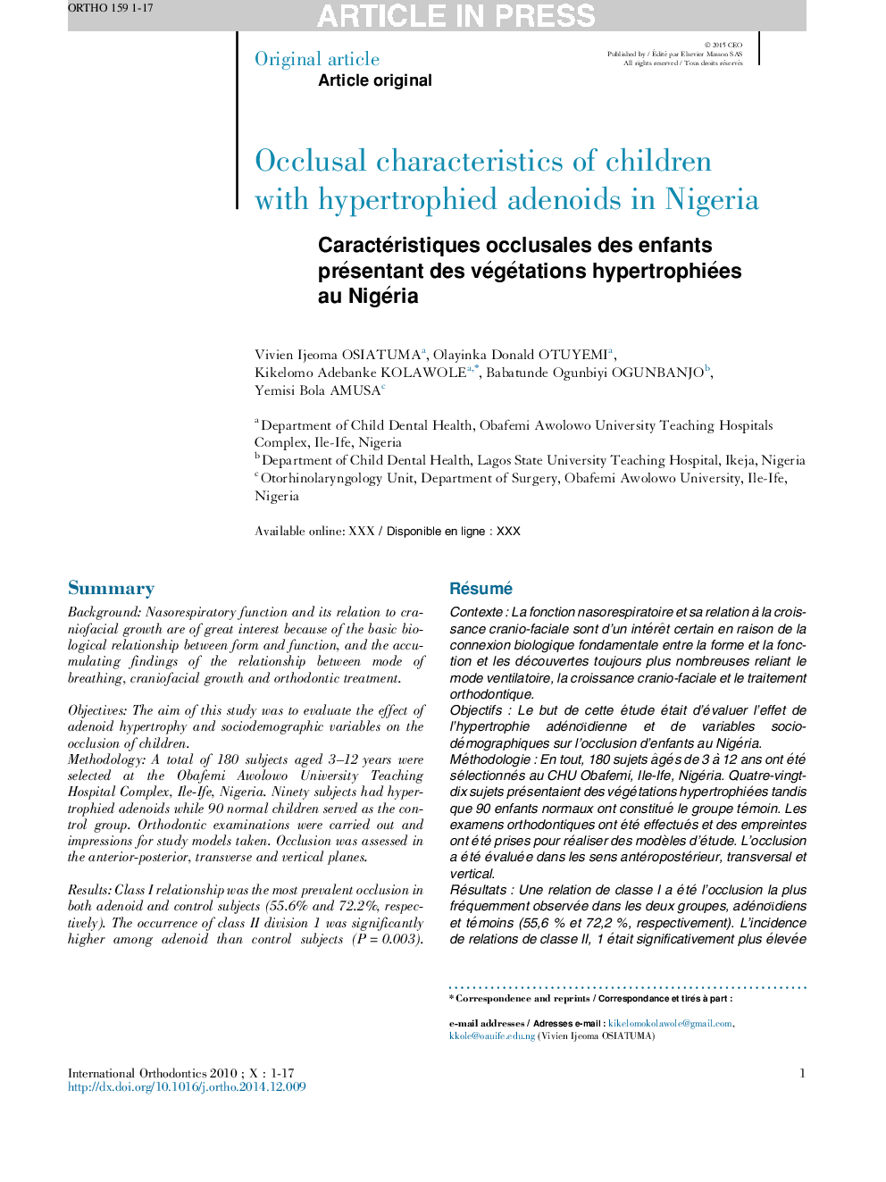 خصوصیات اکلوزالی کودکان مبتلا به آدنوئیدهای هیپرتروفی در نیجریه 