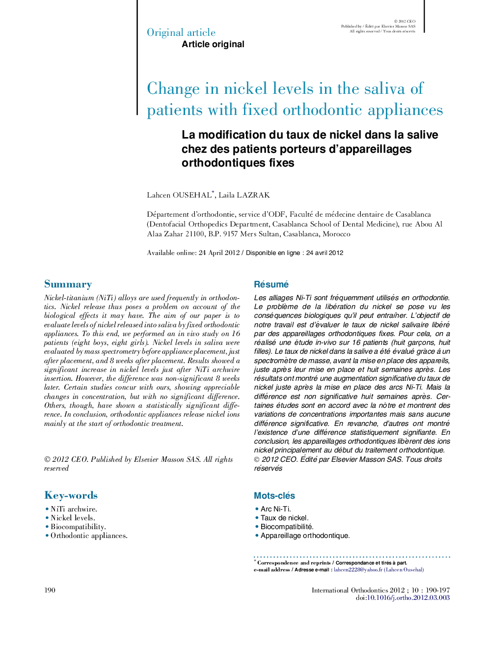 La modification du taux de nickel dans la salive chez des patients porteurs d'appareillages orthodontiques fixes