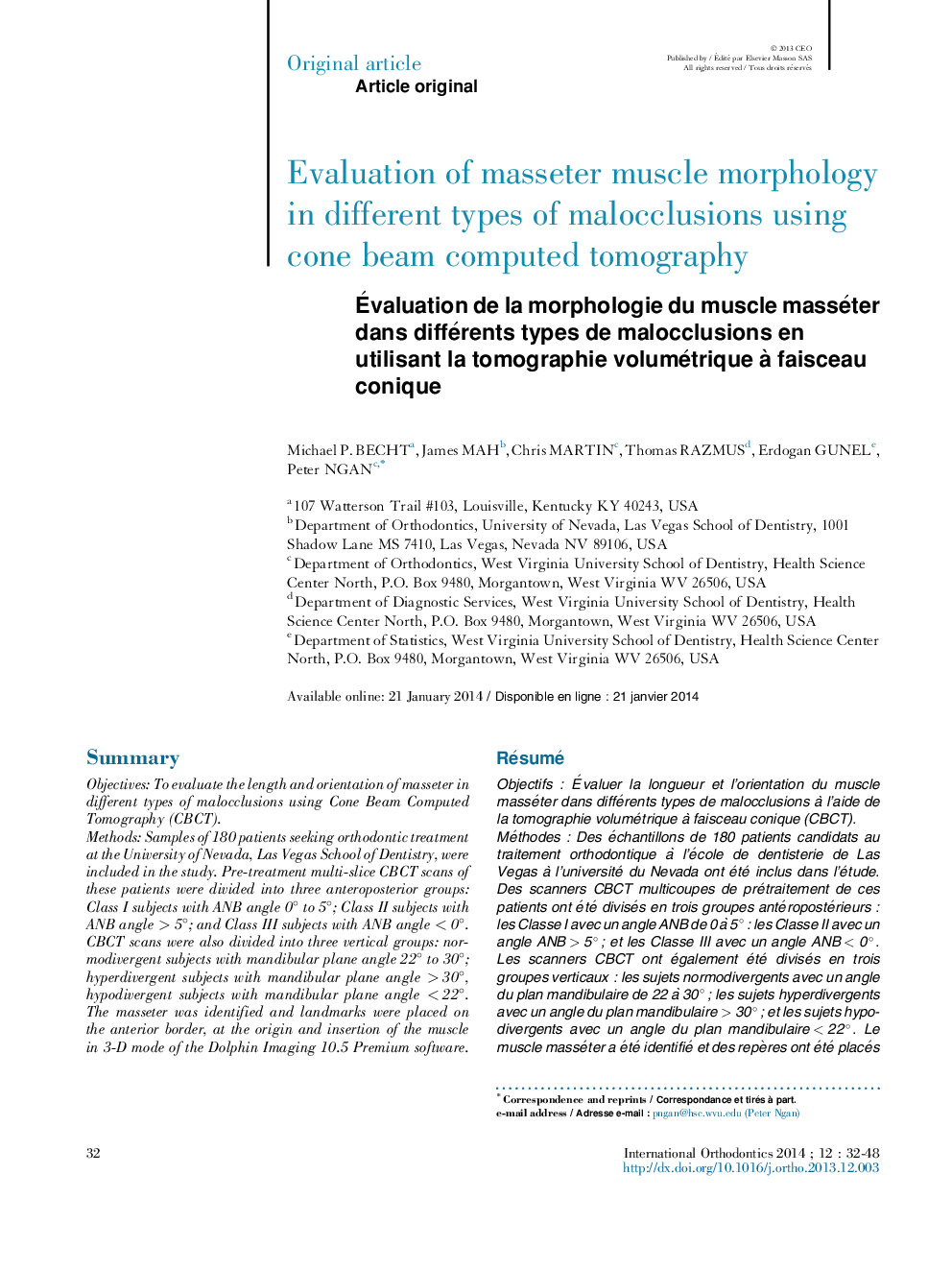 Ãvaluation de la morphologie du muscle masséter dans différents types de malocclusions en utilisant la tomographie volumétrique Ã  faisceau conique