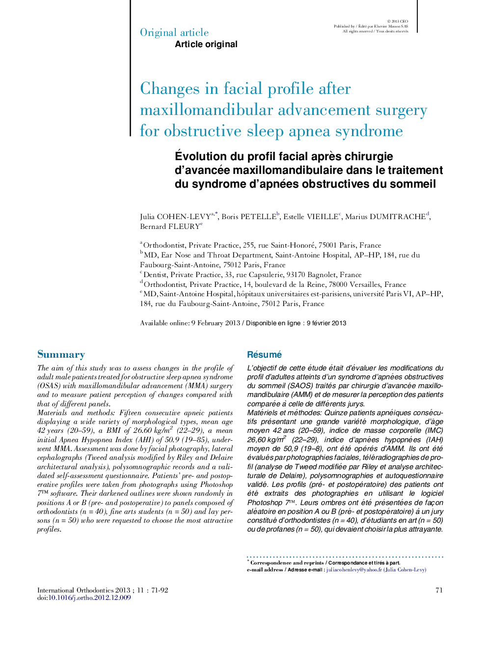 Ãvolution du profil facial aprÃ¨s chirurgie d'avancée maxillomandibulaire dans le traitement du syndrome d'apnées obstructives du sommeil