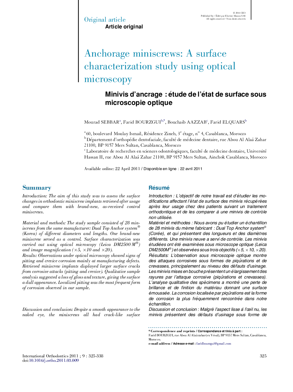 Minivis d'ancrageÂ : étude de l'état de surface sous microscopie optique