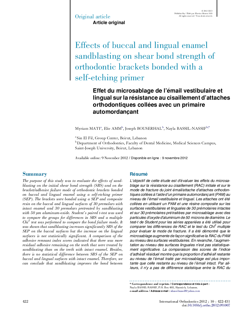 Effet du microsablage de l'émail vestibulaire et lingual sur la résistance au cisaillement d'attaches orthodontiques collées avec un primaire automordançant