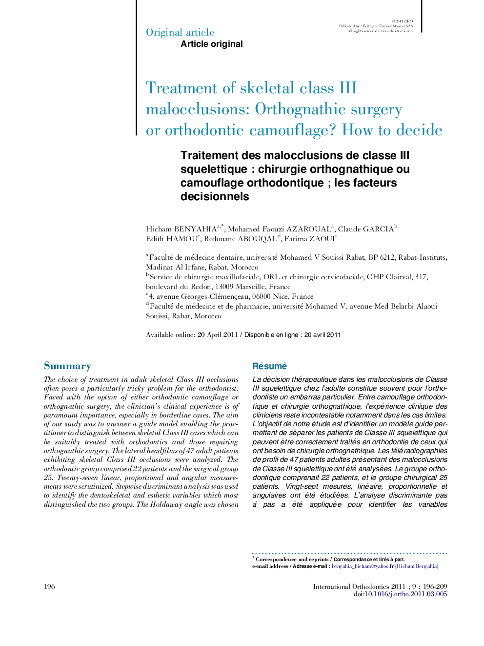 Traitement des malocclusions de classe III squelettiqueÂ : chirurgie orthognathique ou camouflage orthodontiqueÂ ; les facteurs decisionnels