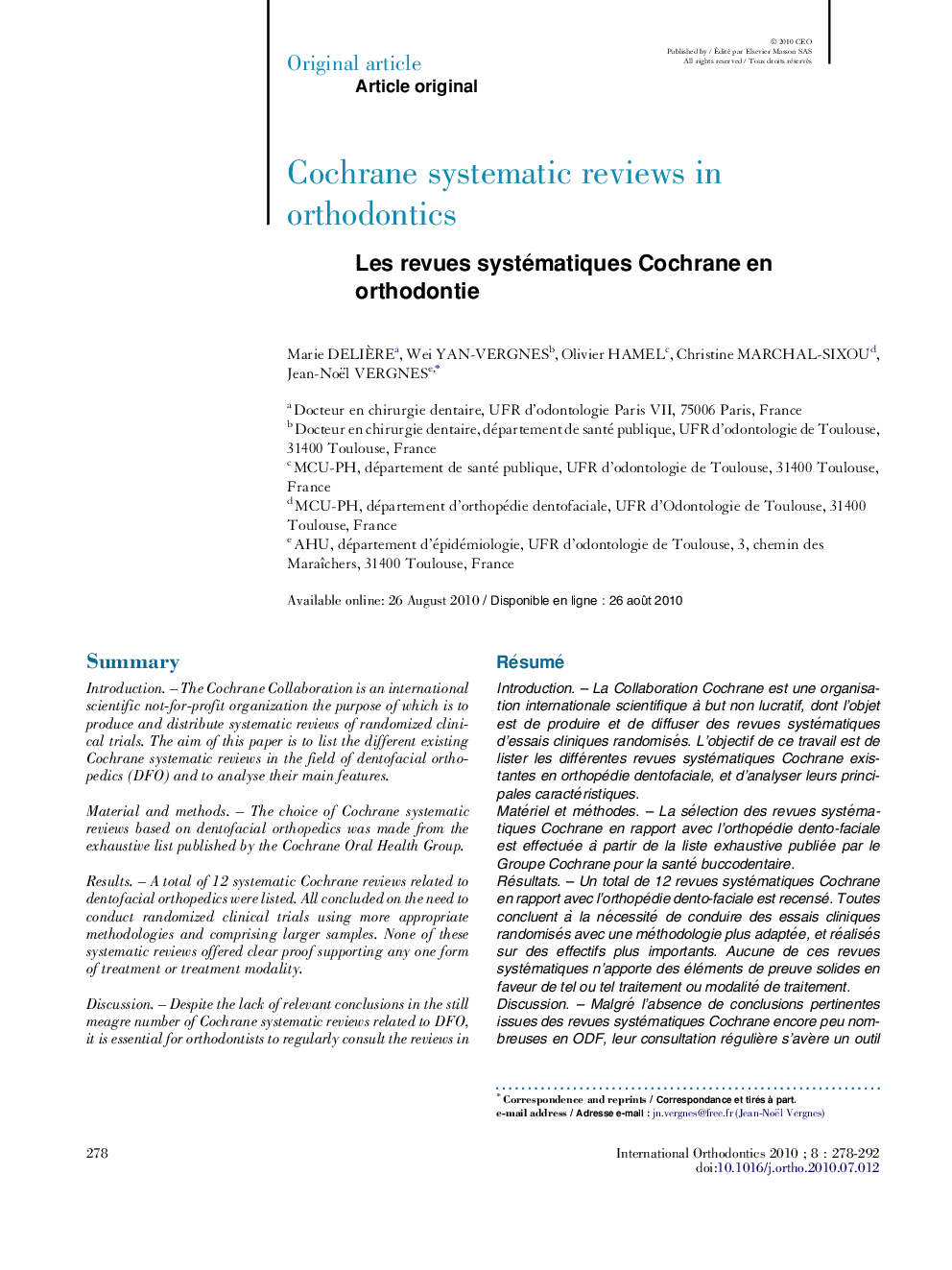 Les revues systématiques Cochrane en orthodontie