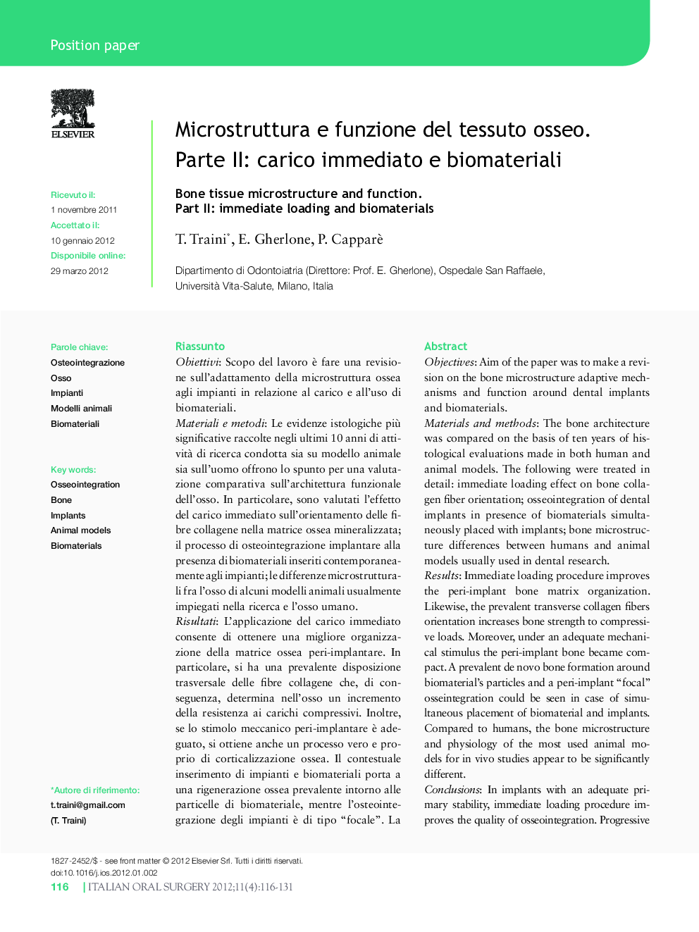 Microstruttura e funzione del tessuto osseo. Parte II: carico immediato e biomateriali