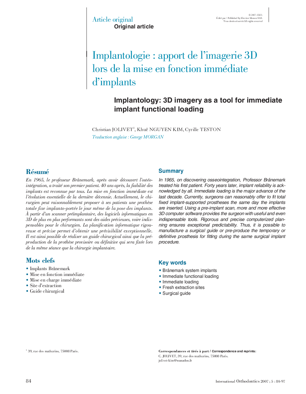 Implantologie : apport de l'imagerie 3D lors de la mise en fonction immédiate d'implants