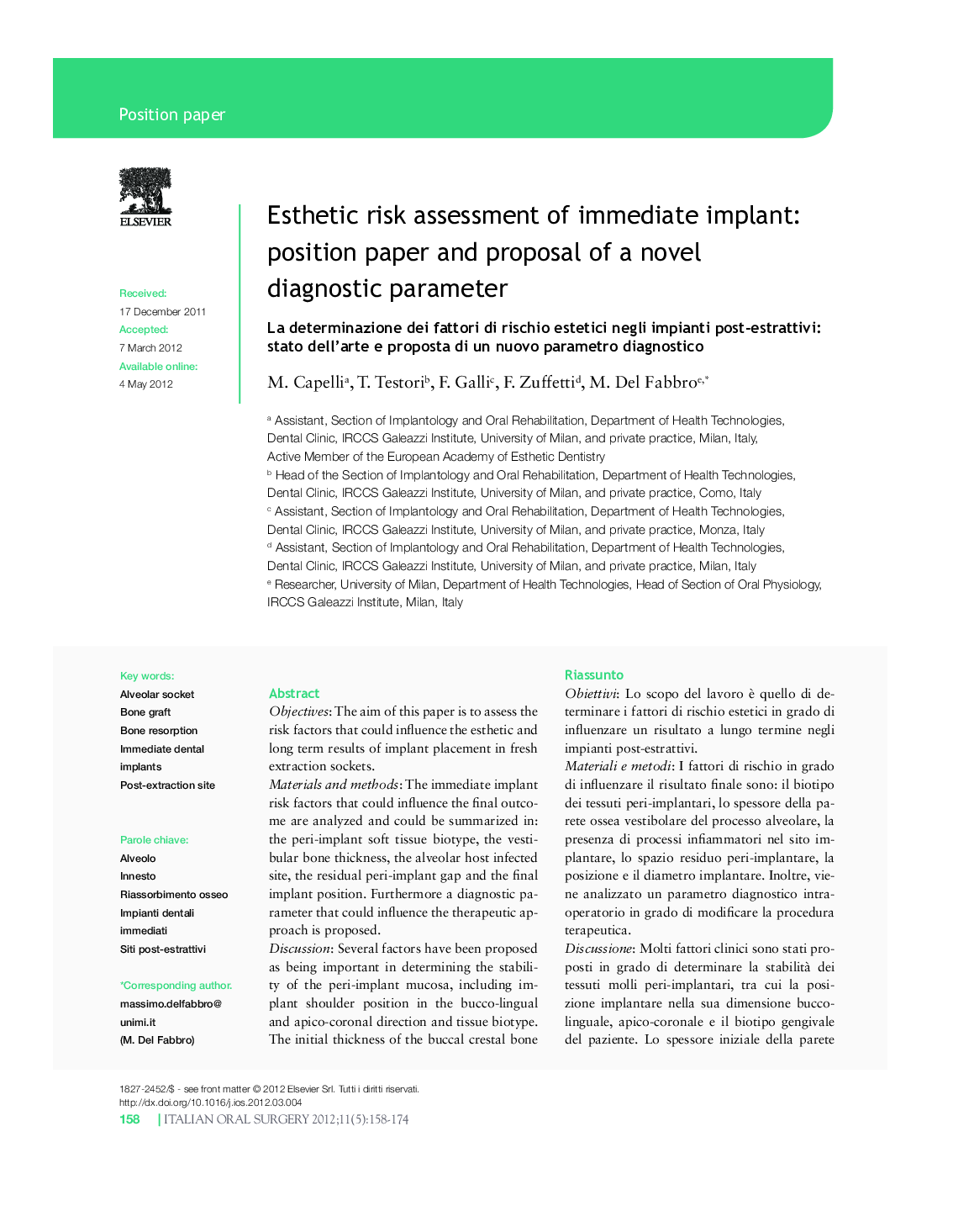 Esthetic risk assessment of immediate implant: position paper and proposal of a novel diagnostic parameter