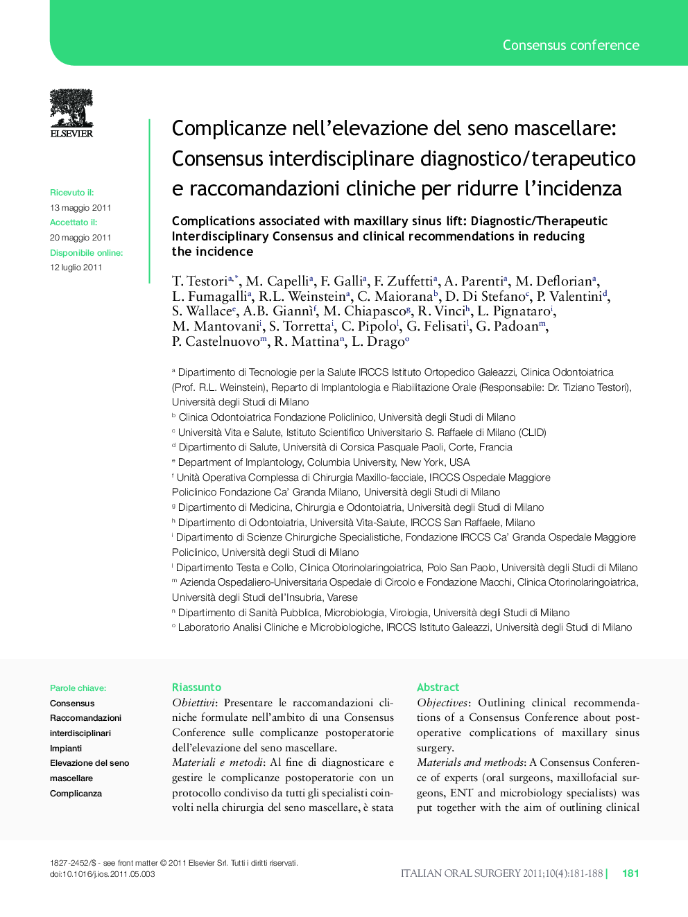 Complicanze nell'elevazione del seno mascellare: Consensus interdisciplinare diagnostico/terapeutico e raccomandazioni cliniche per ridurre l'incidenza