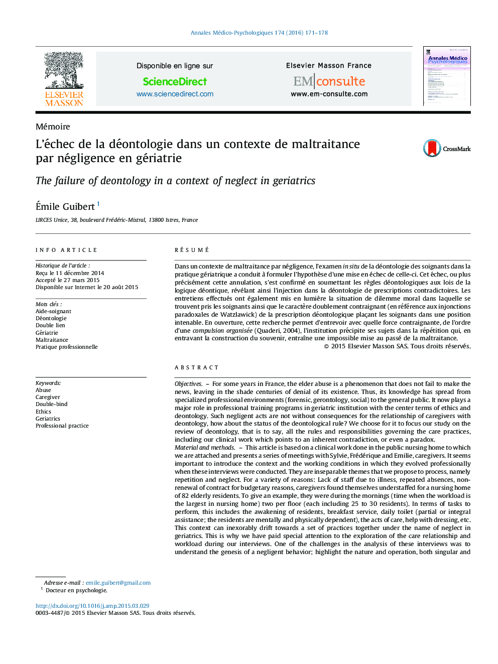 عکس صفحه اول مقاله: L’échec de la déontologie dans un contexte de maltraitance par négligence en gériatrie L’échec de la déontologie dans un contexte de maltraitance par négligence en gériatrie