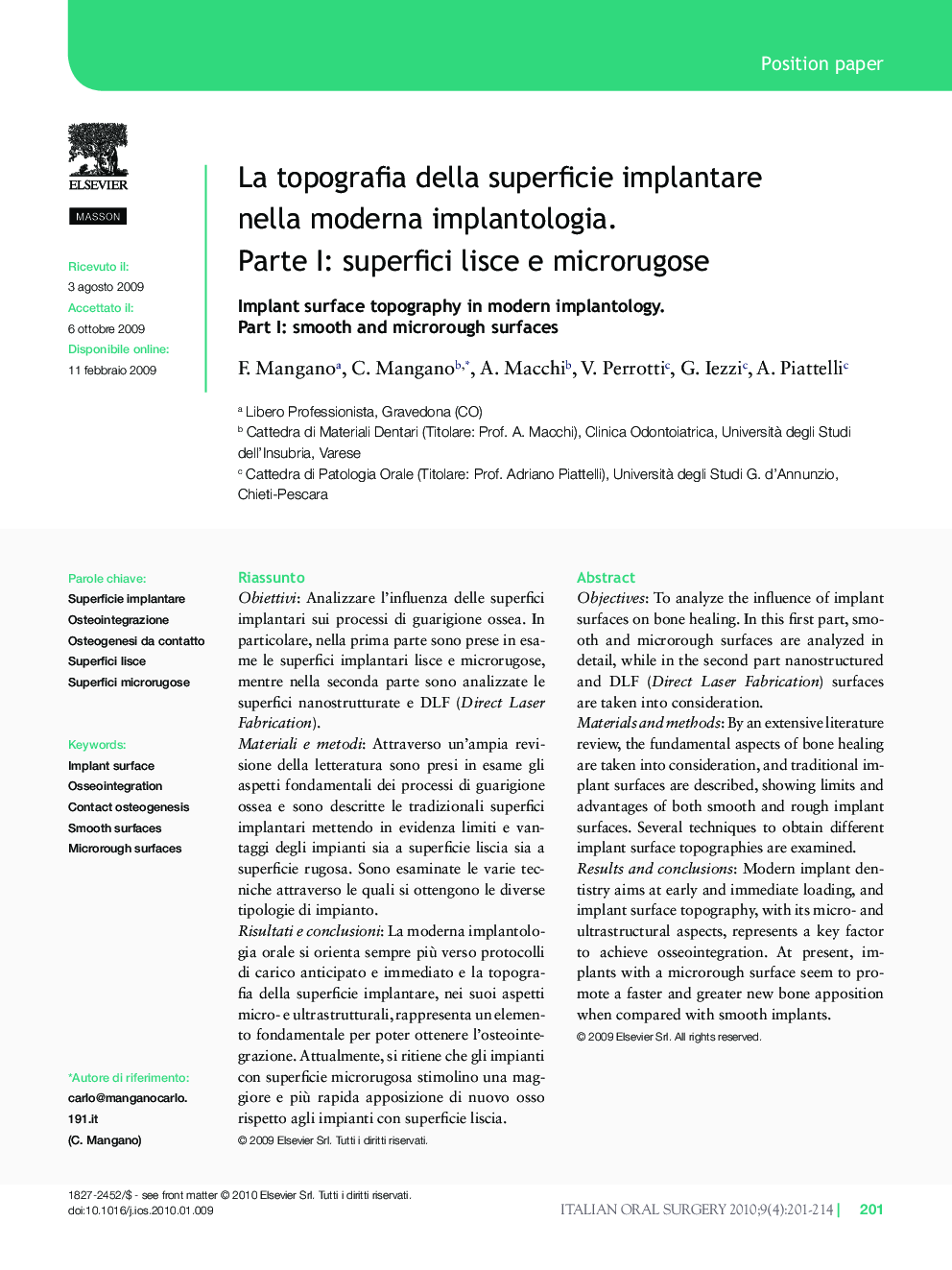 La topografia della superficie implantare nella moderna implantologia. Parte I: superfici lisce e microrugose