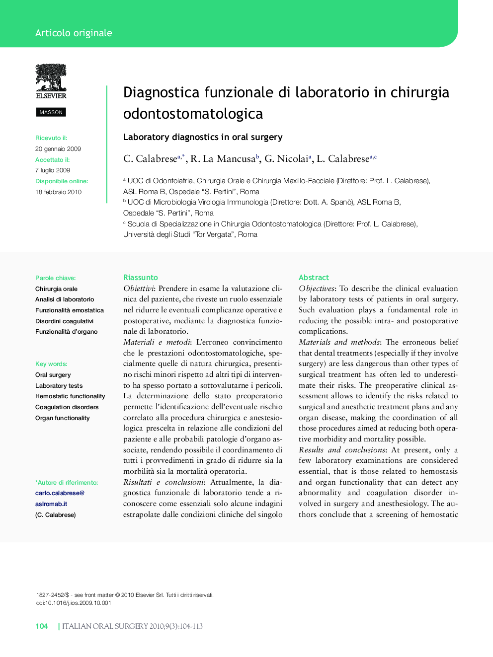 Diagnostica funzionale di laboratorio in chirurgia odontostomatologica