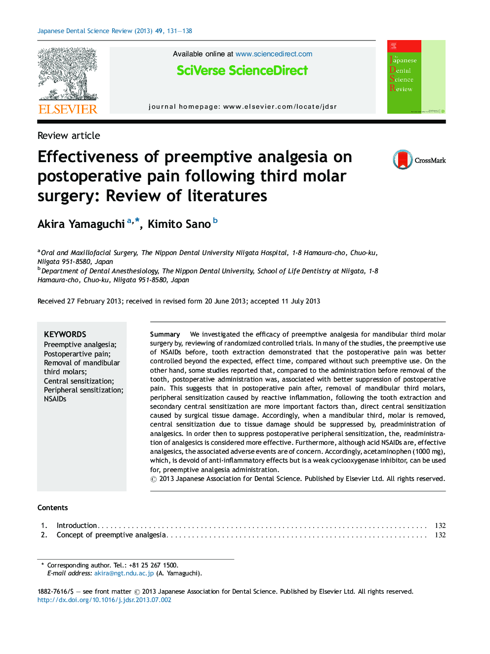 Effectiveness of preemptive analgesia on postoperative pain following third molar surgery: Review of literatures