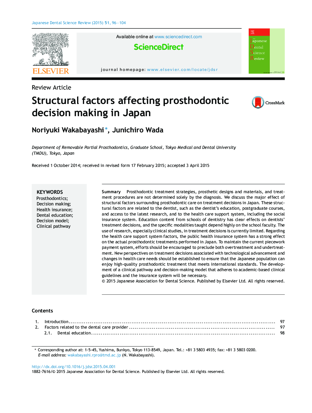 Structural factors affecting prosthodontic decision making in Japan