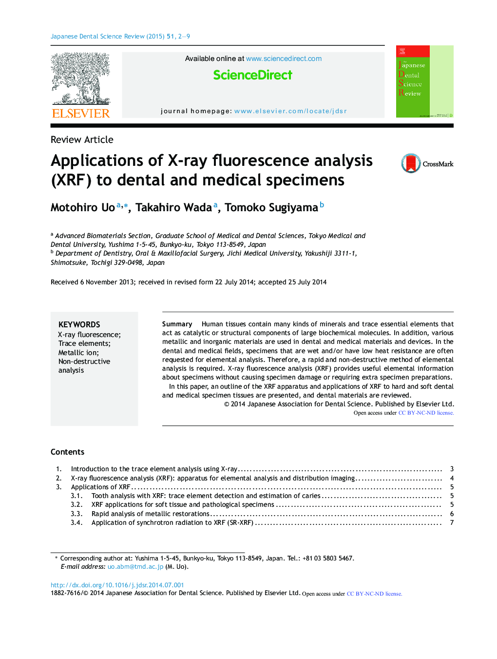 Applications of X-ray fluorescence analysis (XRF) to dental and medical specimens