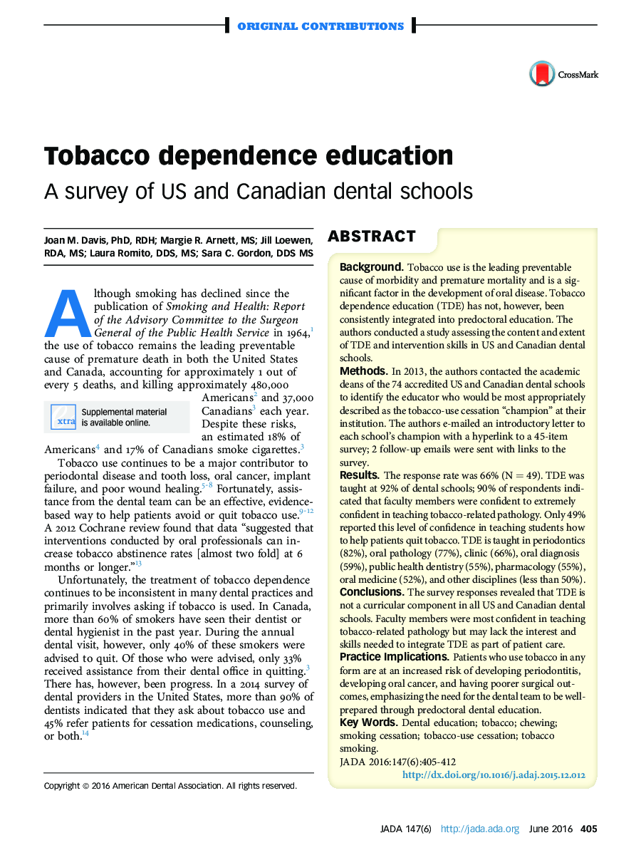 Tobacco dependence education : A survey of US and Canadian dental schools