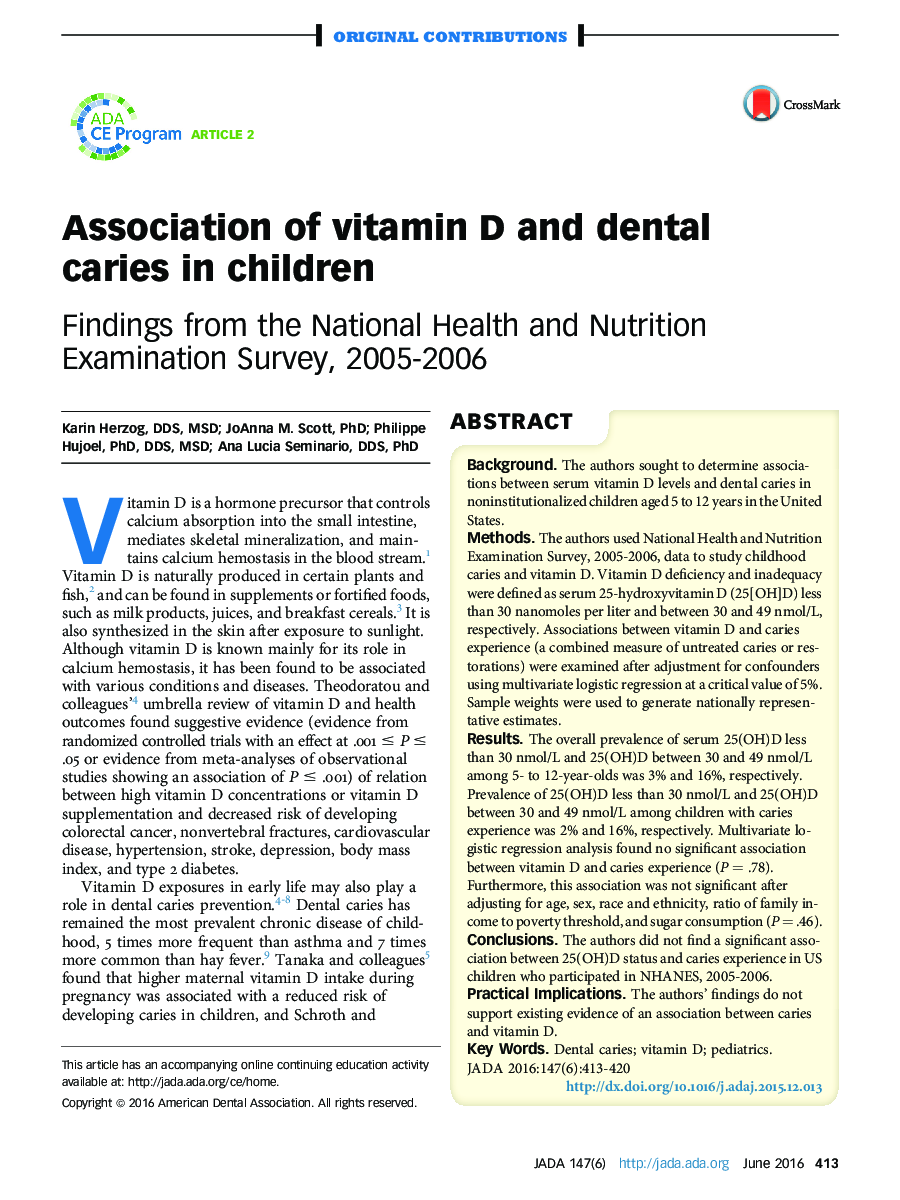 Association of vitamin D and dental caries in children : Findings from the National Health and Nutrition Examination Survey, 2005-2006