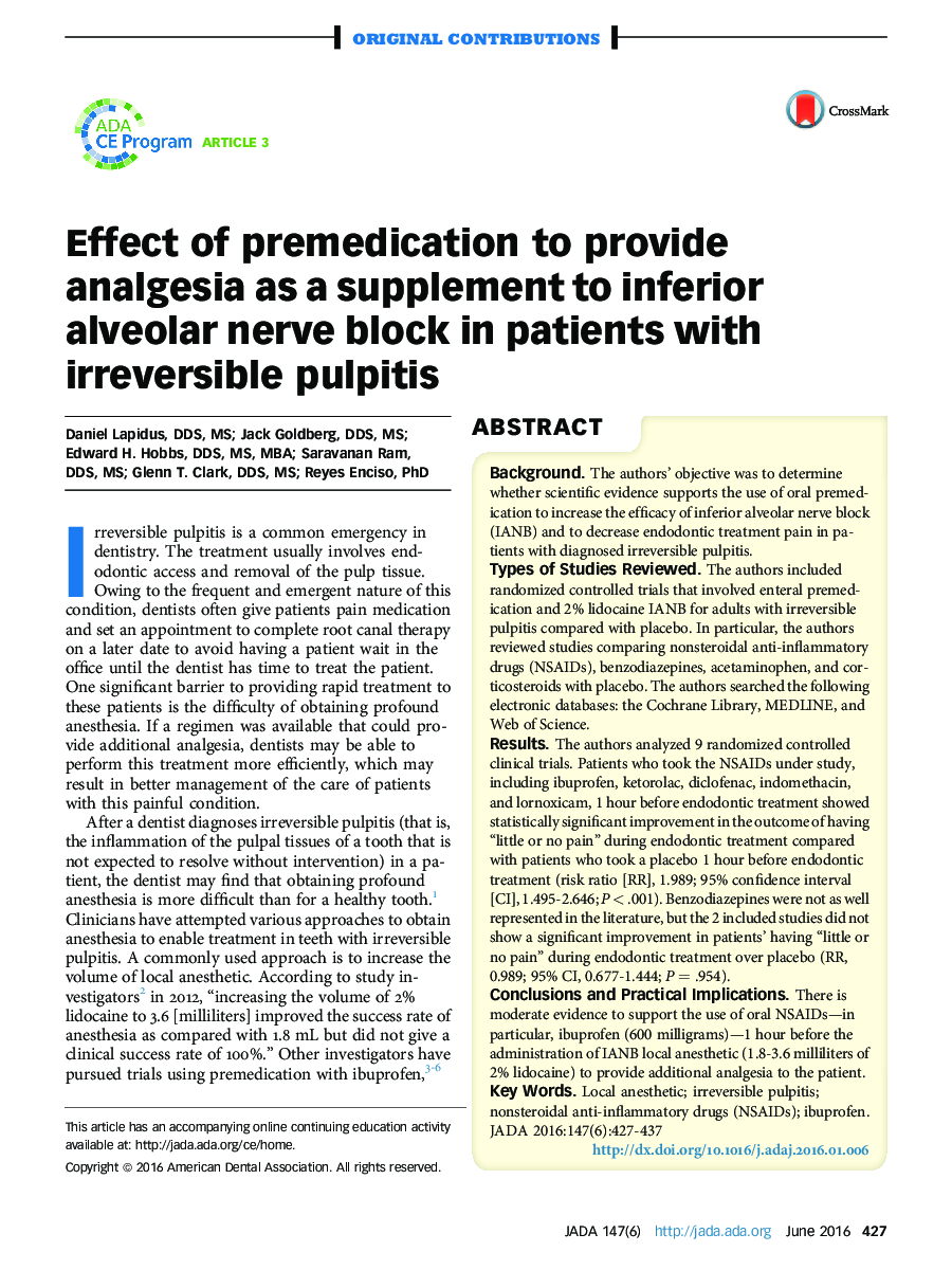 Effect of premedication to provide analgesia as a supplement to inferior alveolar nerve block in patients with irreversible pulpitis 