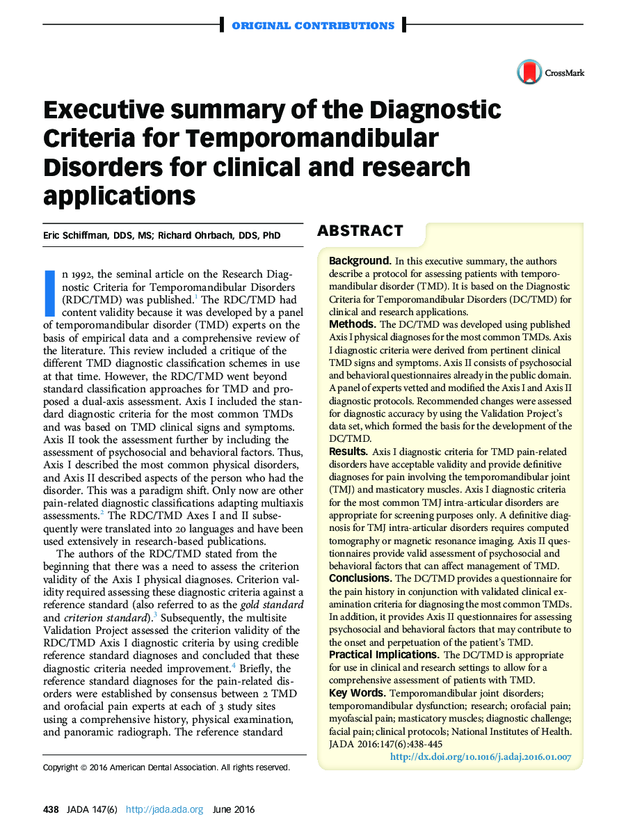 Executive summary of the Diagnostic Criteria for Temporomandibular Disorders for clinical and research applications 