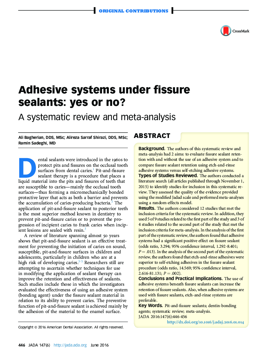 Adhesive systems under fissure sealants: yes or no? : A systematic review and meta-analysis