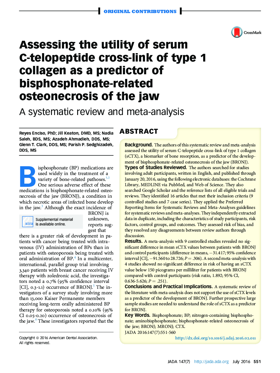 Assessing the utility of serum C-telopeptide cross-link of type 1 collagen as a predictor of bisphosphonate-related osteonecrosis of the jaw