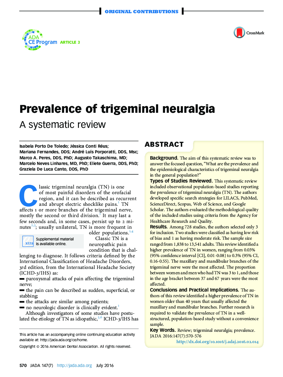 Prevalence of trigeminal neuralgia