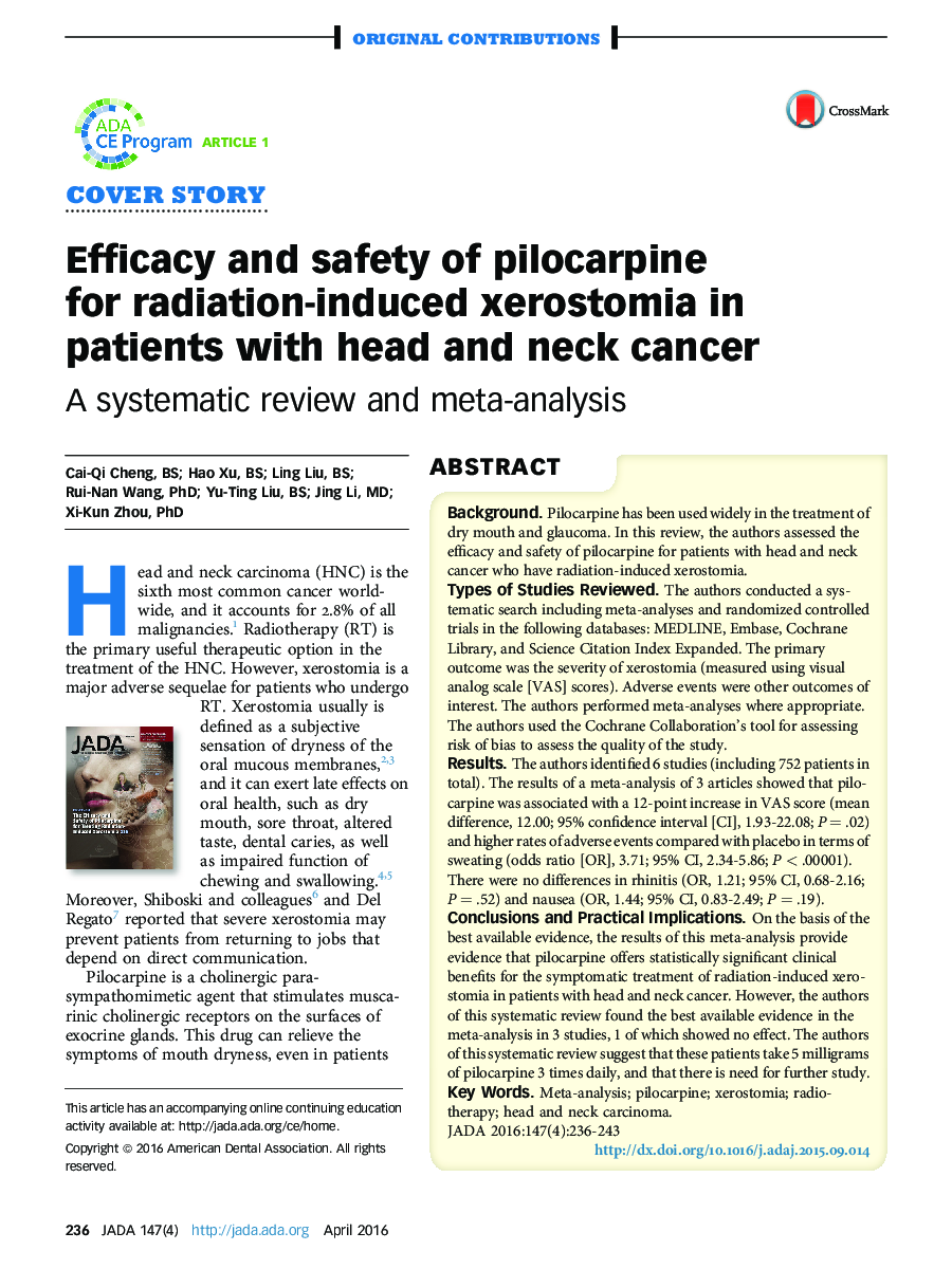 اثربخشی و ایمنی پیلوکارپین برای کروزوستومی ناشی از اشعه در بیماران مبتلا به سرطان سر و گردن: یک بررسی سیستماتیک و متاآنالیز 