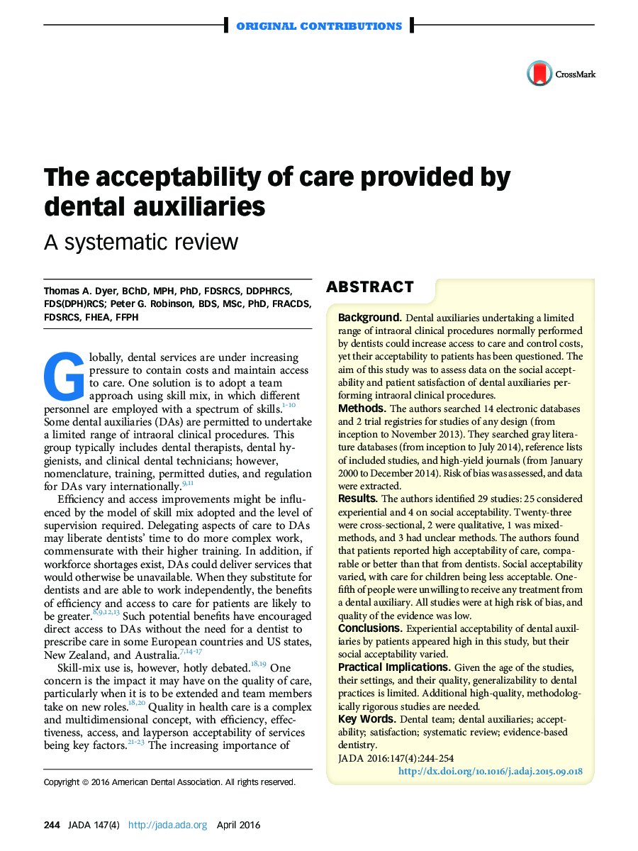 The acceptability of care provided by dental auxiliaries : A systematic review