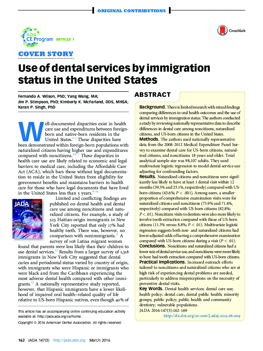 Use of dental services by immigration status in the United States