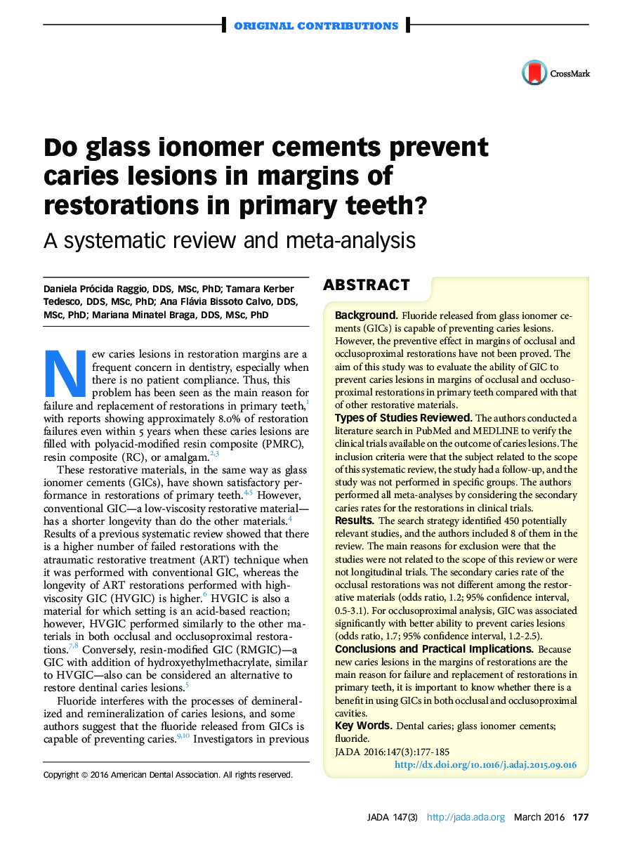 Do glass ionomer cements prevent caries lesions in margins of restorations in primary teeth? : A systematic review and meta-analysis