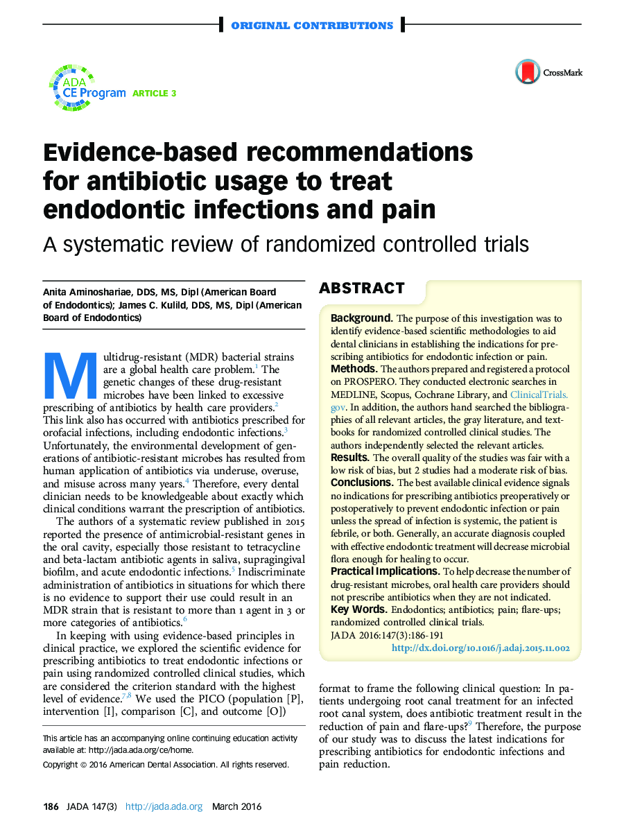 Evidence-based recommendations for antibiotic usage to treat endodontic infections and pain : A systematic review of randomized controlled trials